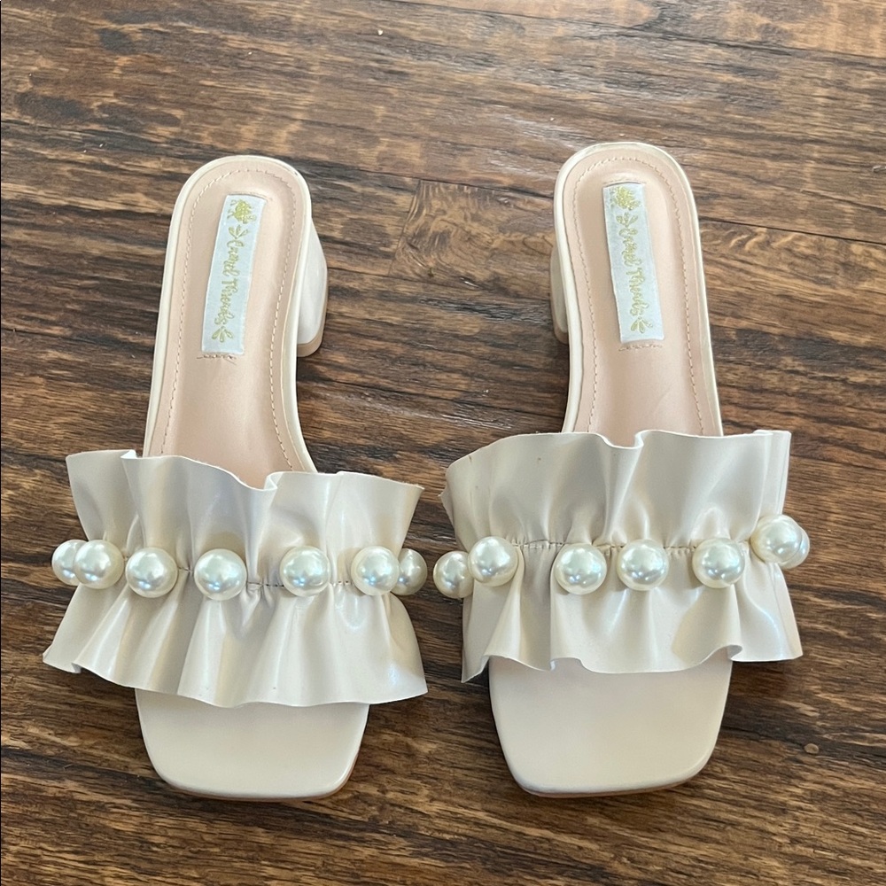 Chic Cream Ruffle Pearl Slide Sandals